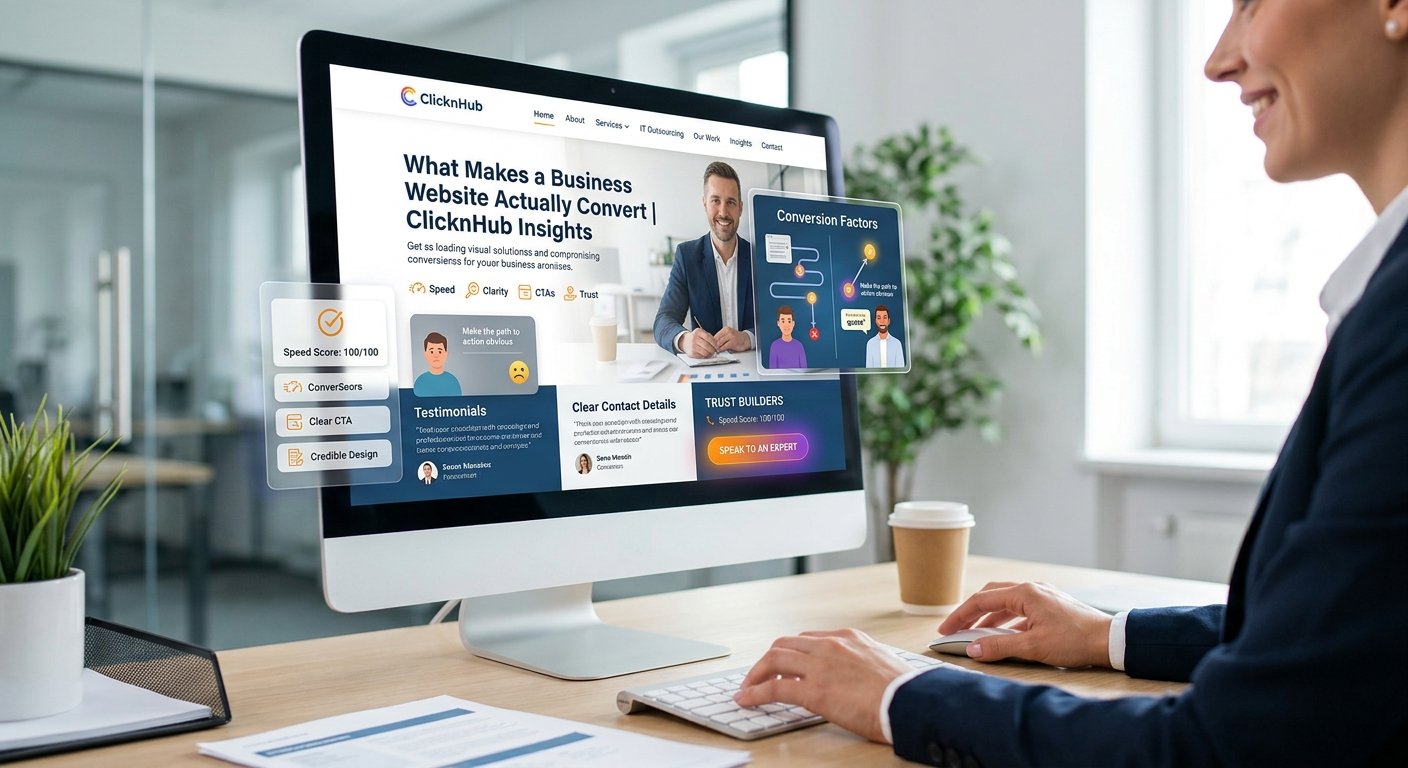 Business website conversion factors displayed on a desktop computer